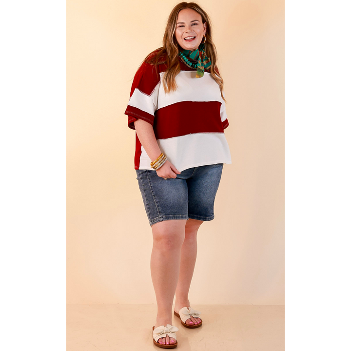 Simply Striking Color Block Rugby Style Wide Stripe Relaxed Short Sleeve Top in Maroon