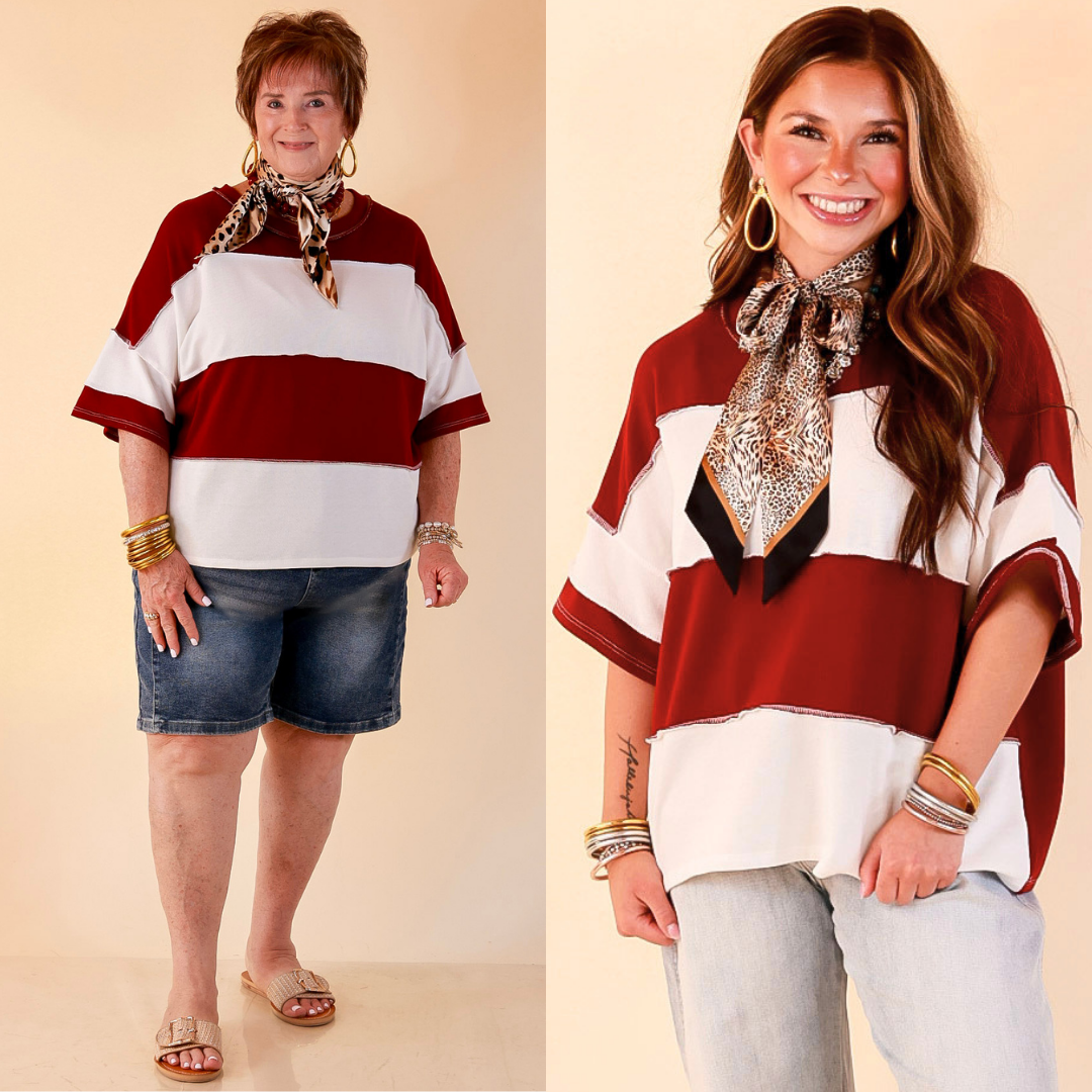 Simply Striking Color Block Rugby Style Wide Stripe Relaxed Short Sleeve Top in Maroon