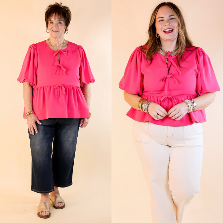 Simply Stunning Short Puff Sleeve Top with Bow Tie Detailing in Hot Pink