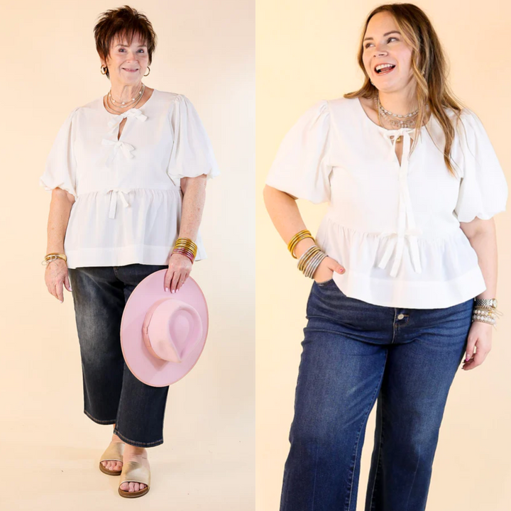 Simply Stunning Short Puff Sleeve Top with Bow Tie Detailing in Off White