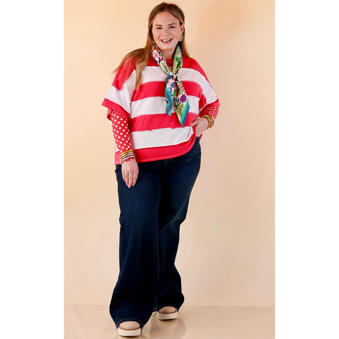 Simply Styled Color Block Rugby Style Relaxed Short Sleeve Top in Hot Pink