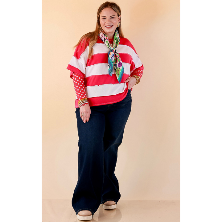 Simply Styled Color Block Rugby Style Relaxed Short Sleeve Top in Hot Pink