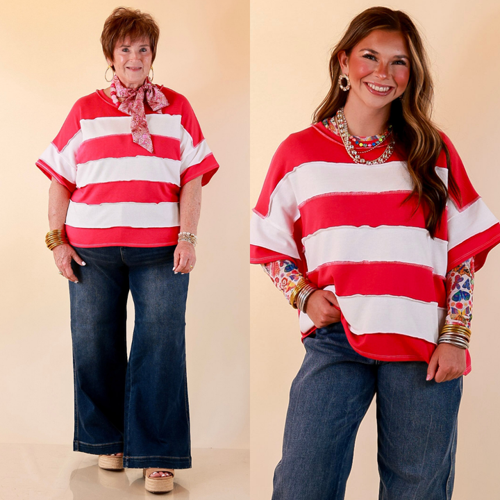 Simply Styled Color Block Rugby Style Relaxed Short Sleeve Top in Hot Pink
