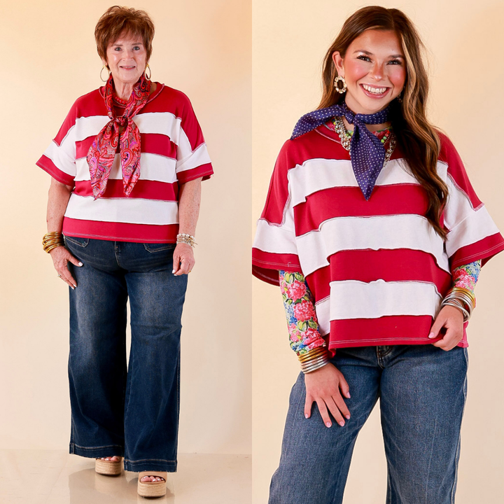Simply Styled Color Block Rugby Style Relaxed Short Sleeve Top in Magenta Purple