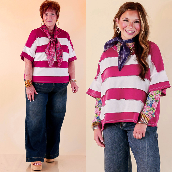 Simply Styled Color Block Rugby Style Relaxed Short Sleeve Top in Magenta Purple