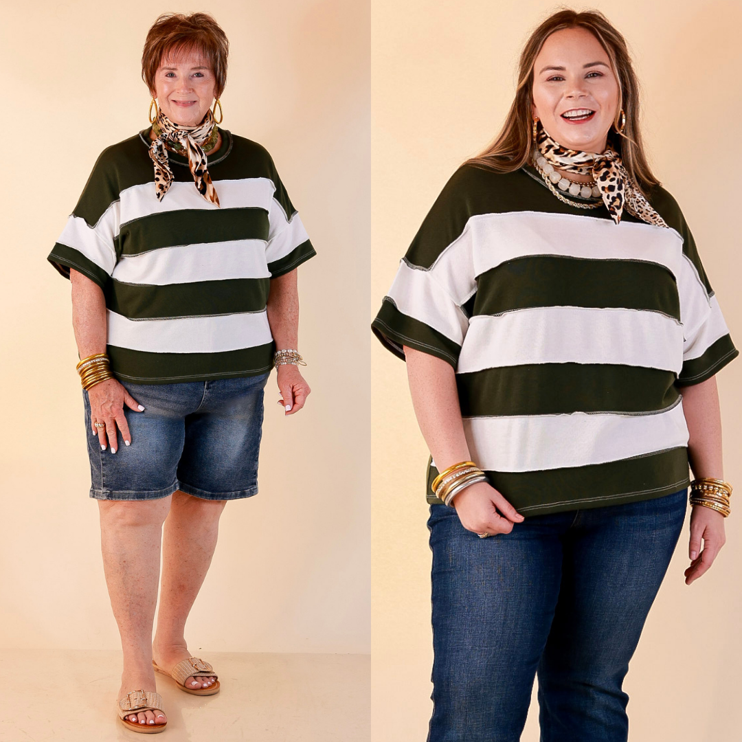 Simply Styled Color Block Rugby Style Relaxed Short Sleeve Top in Olive Green
