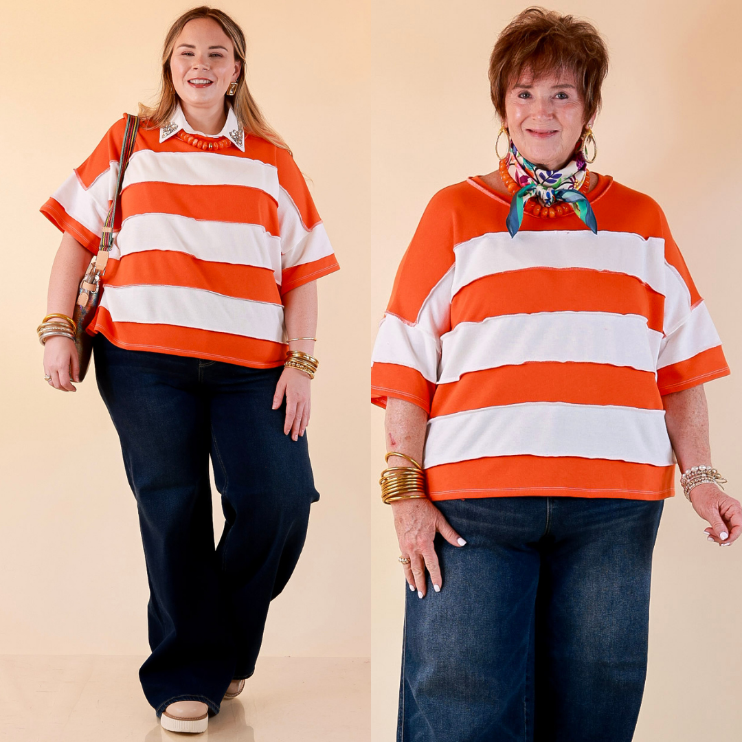 Simply Styled Color Block Rugby Style Relaxed Short Sleeve Top in Orange