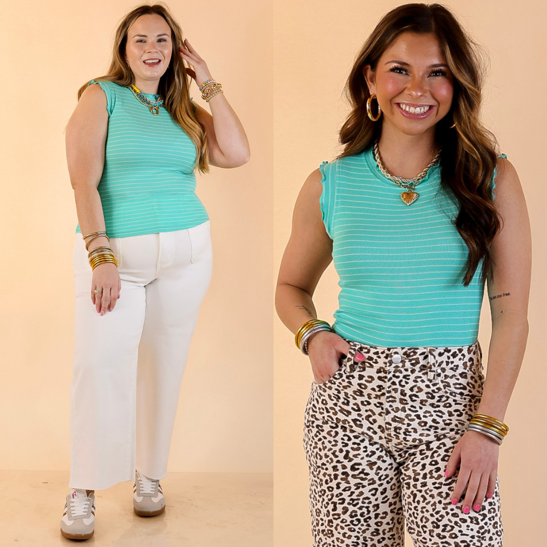 Models are wearing Sleeveless Stripe Knit Top with Ruffle in Mint Blue with different pants on a beige background