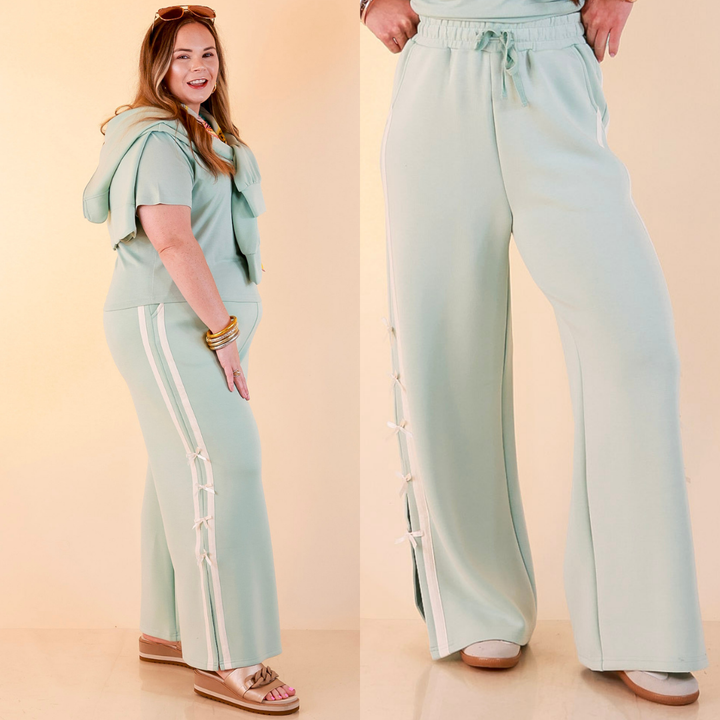 Simply Southern | Modern Staple Buttery Soft Pull-On Wide Leg Knit Pants with Side Bow Detail in Light Dusty Teal Blue
