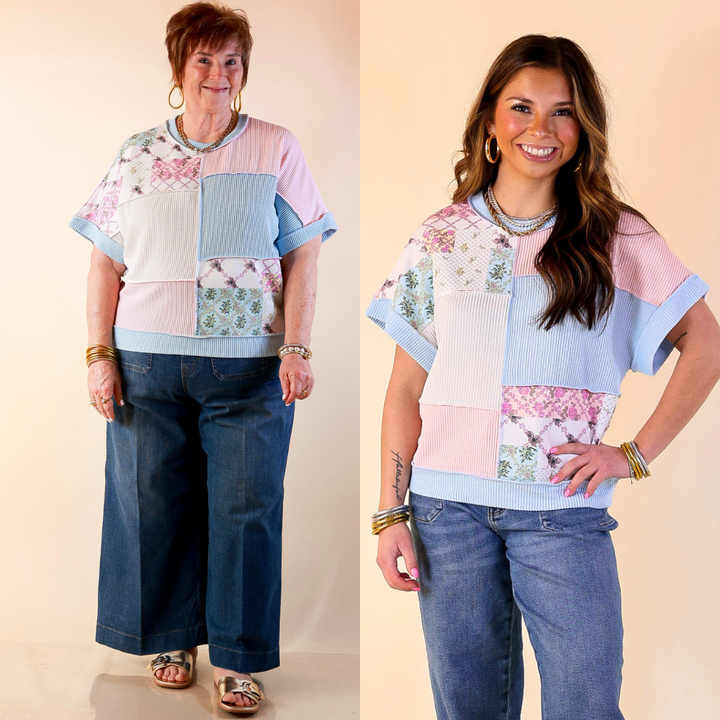 Simply Southern | Styled to a Tee Color Block Patchwork Ribbed Short Sleeve Top in Blue Mix