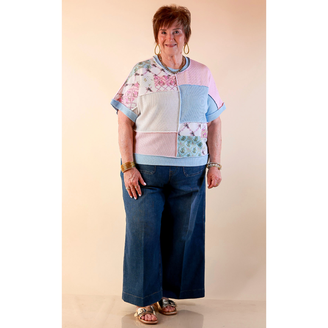 Simply Southern | Styled to a Tee Color Block Patchwork Ribbed Short Sleeve Top in Blue Mix