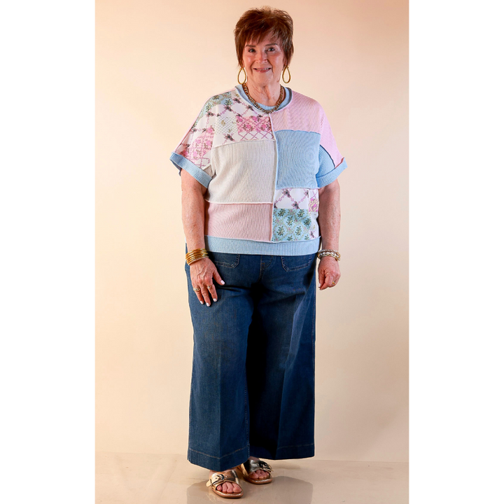 Simply Southern | Styled to a Tee Color Block Patchwork Ribbed Short Sleeve Top in Blue Mix
