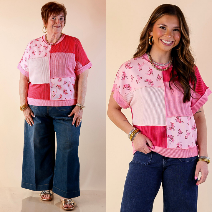 Simply Southern | Styled to a Tee Color Block Patchwork Ribbed Short Sleeve Top in Pink Mix