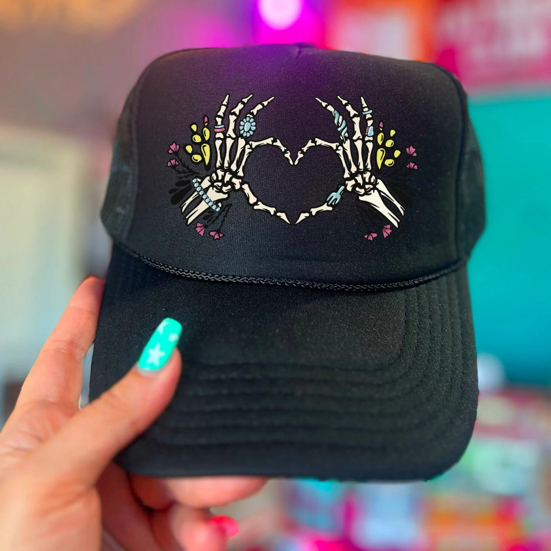 Skeleton Hand Graduation Cap Online Exclusive | Skeleton Heart Hands Trucker Cap in Solid Black