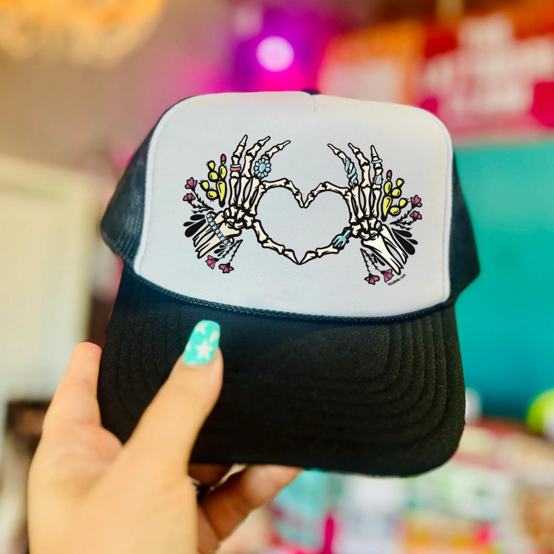 Online Exclusive | Skeleton Heart Hands Trucker Cap in Black and White