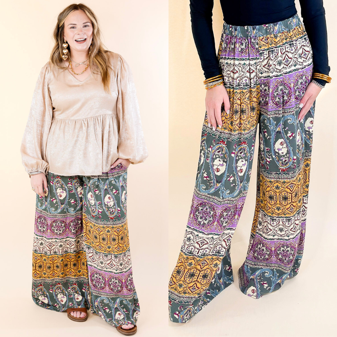 Slight Change Elastic Waist Floral Print Wide Leg Palazzo Pants in Green Mix