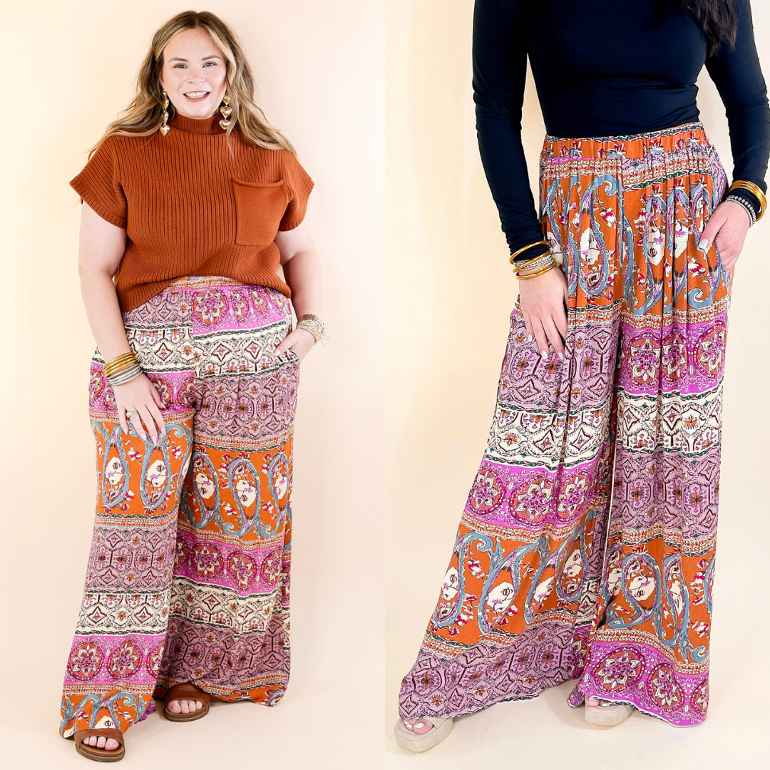 Slight Change Elastic Waist Floral Print Wide Leg Palazzo Pants in Rust Orange Mix