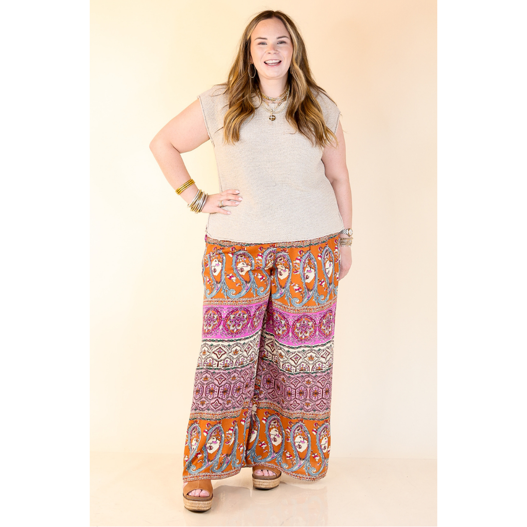Slight Change Elastic Waist Floral Print Wide Leg Palazzo Pants in Rust Orange Mix