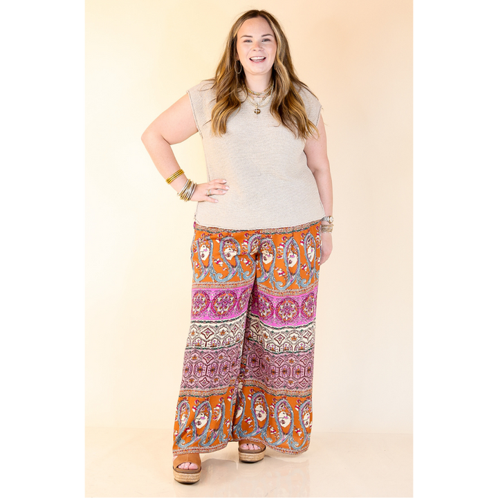 Slight Change Elastic Waist Floral Print Wide Leg Palazzo Pants in Rust Orange Mix