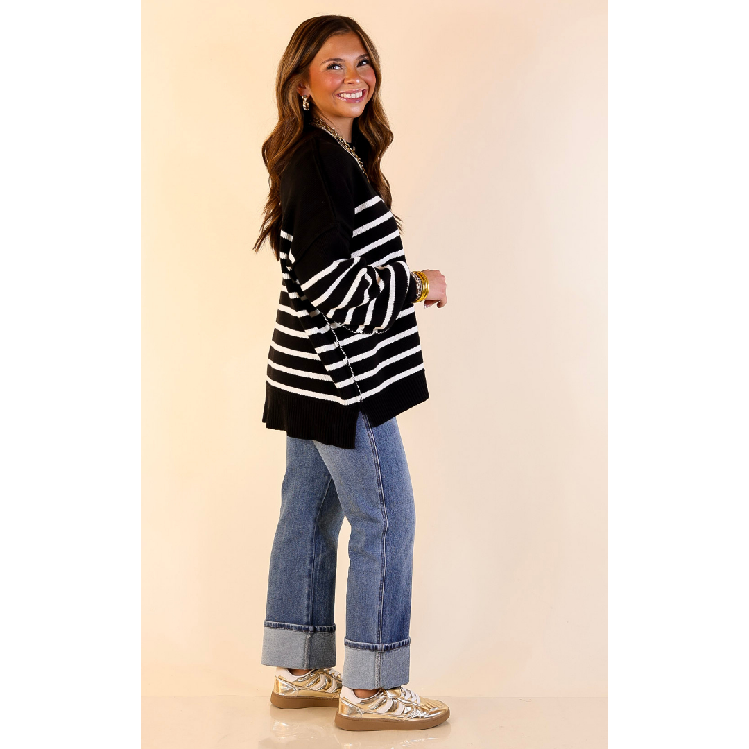 Snug and Stylish Mock Neck Striped Sweater with Side Slit in Black with Ivory Stripes