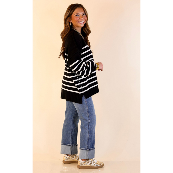 Snug and Stylish Mock Neck Striped Sweater with Side Slit in Black with Ivory Stripes