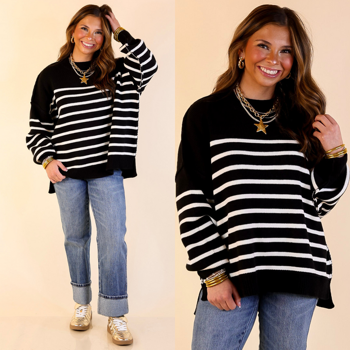 Snug and Stylish Mock Neck Striped Sweater with Side Slit in Black with Ivory Stripes