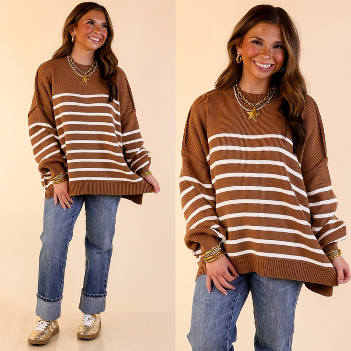 Snug and Stylish Mock Neck Striped Sweater with Side Slit in Camel Brown with Ivory Stripes