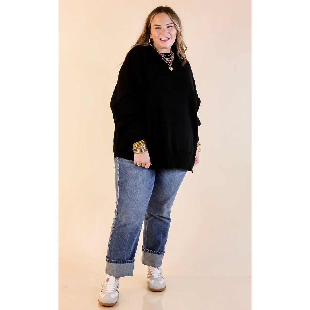 Snug and Stylish Mock Neck Sweater with Side Slit in Black