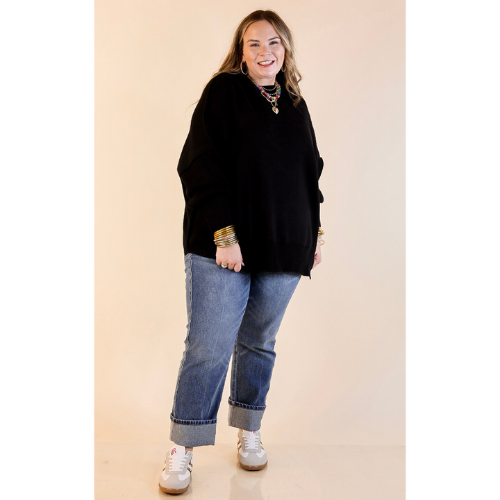 Snug and Stylish Mock Neck Sweater with Side Slit in Black