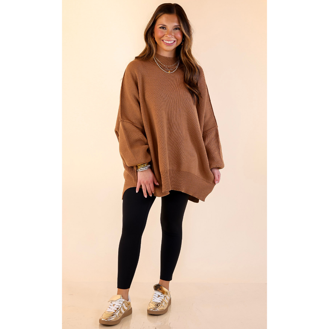Snug and Stylish Mock Neck Sweater with Side Slit in Camel Brown