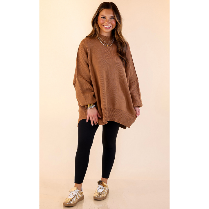 Snug and Stylish Mock Neck Sweater with Side Slit in Camel Brown
