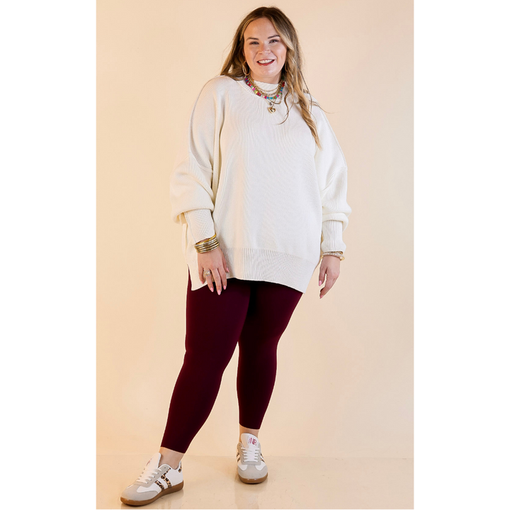 Snug and Stylish Mock Neck Sweater with Side Slit in Ivory