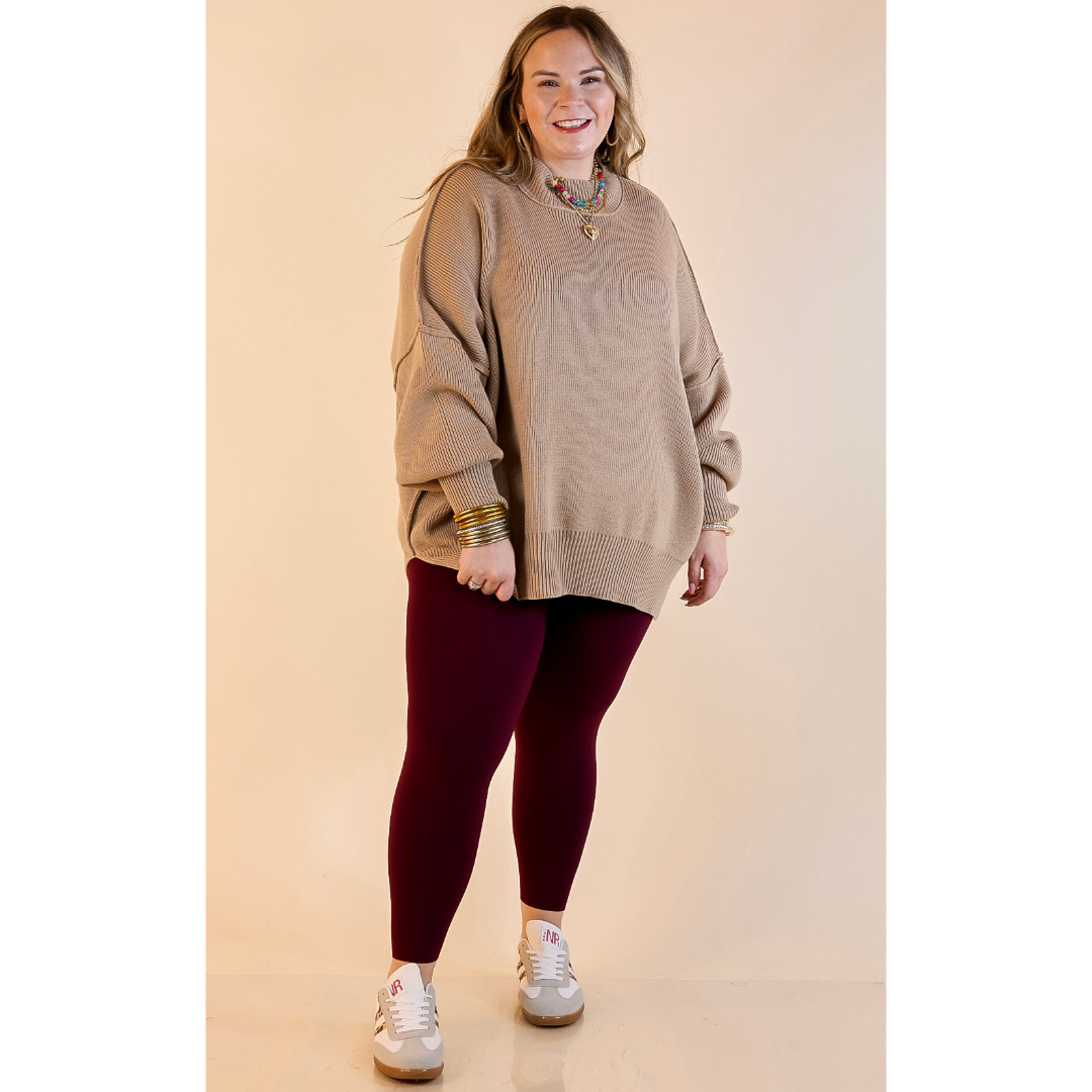 Snug and Stylish Mock Neck Sweater with Side Slit in Light Mocha Brown