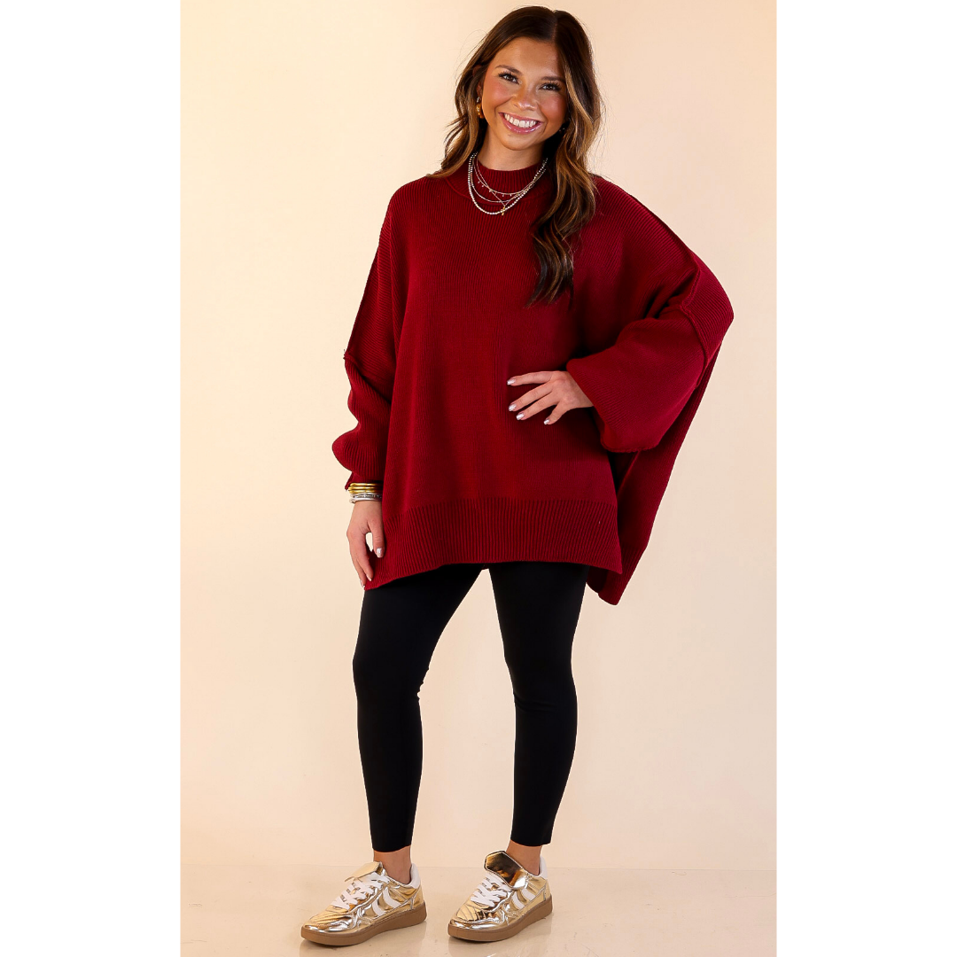 Snug and Stylish Mock Neck Sweater with Side Slit in Maroon