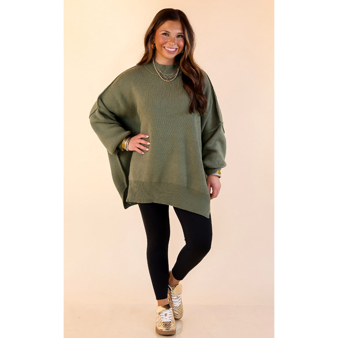 Snug and Stylish Mock Neck Sweater with Side Slit in Olive Green