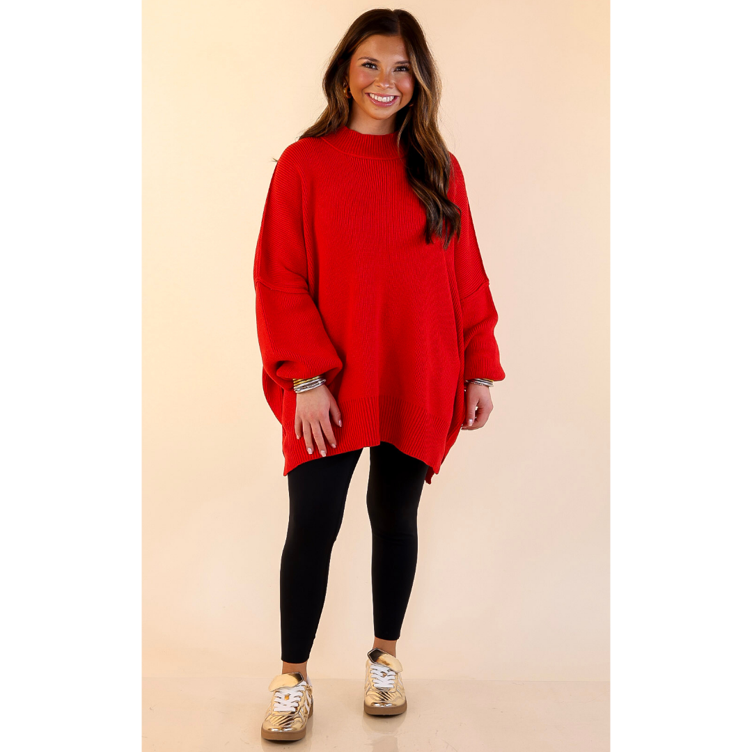 Snug and Stylish Mock Neck Sweater with Side Slit in Ruby Red