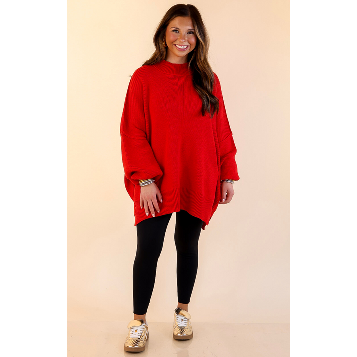 Snug and Stylish Mock Neck Sweater with Side Slit in Ruby Red