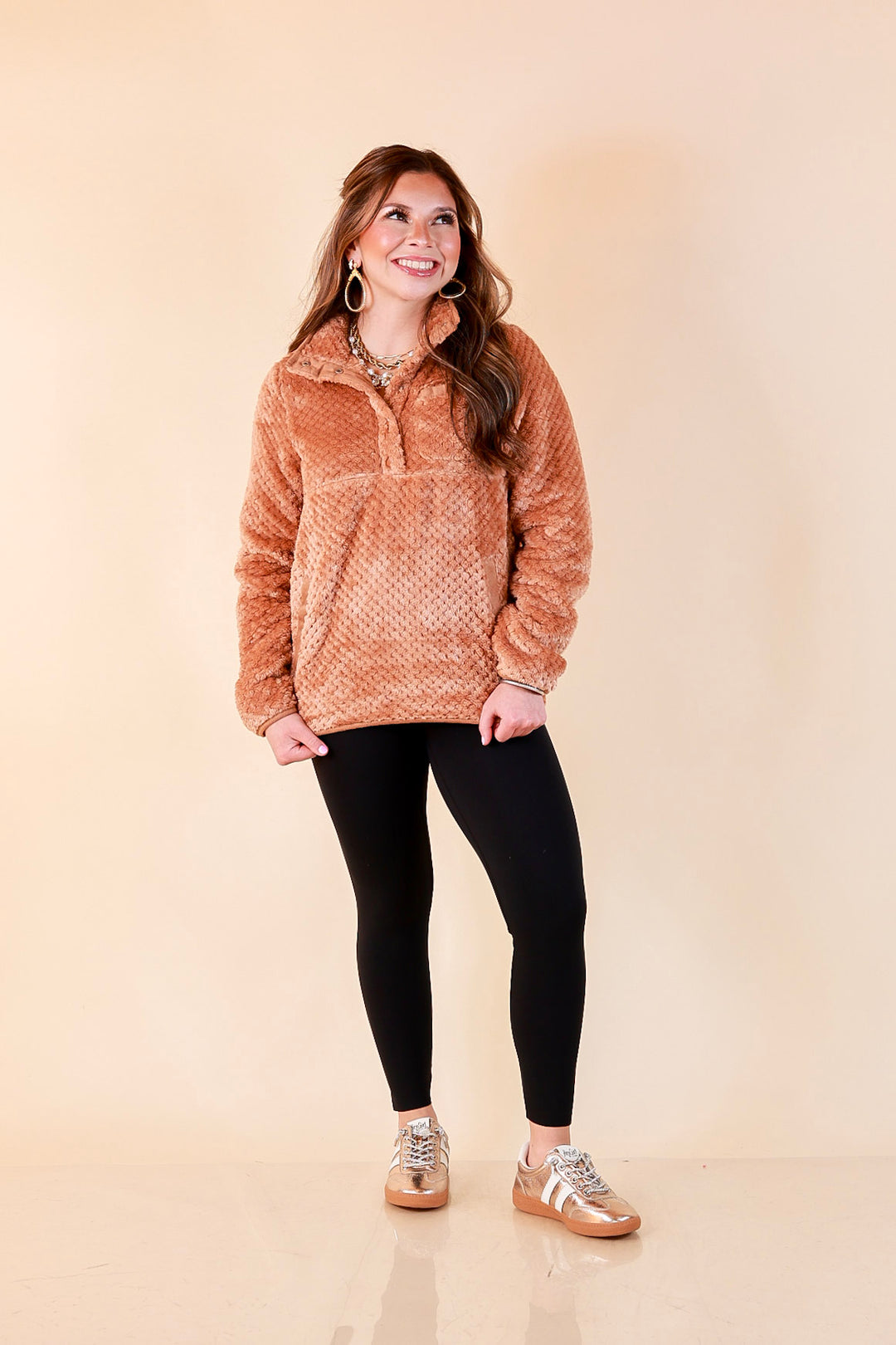 Simply Southern Soft Spot plush snap pullover in mocha brown