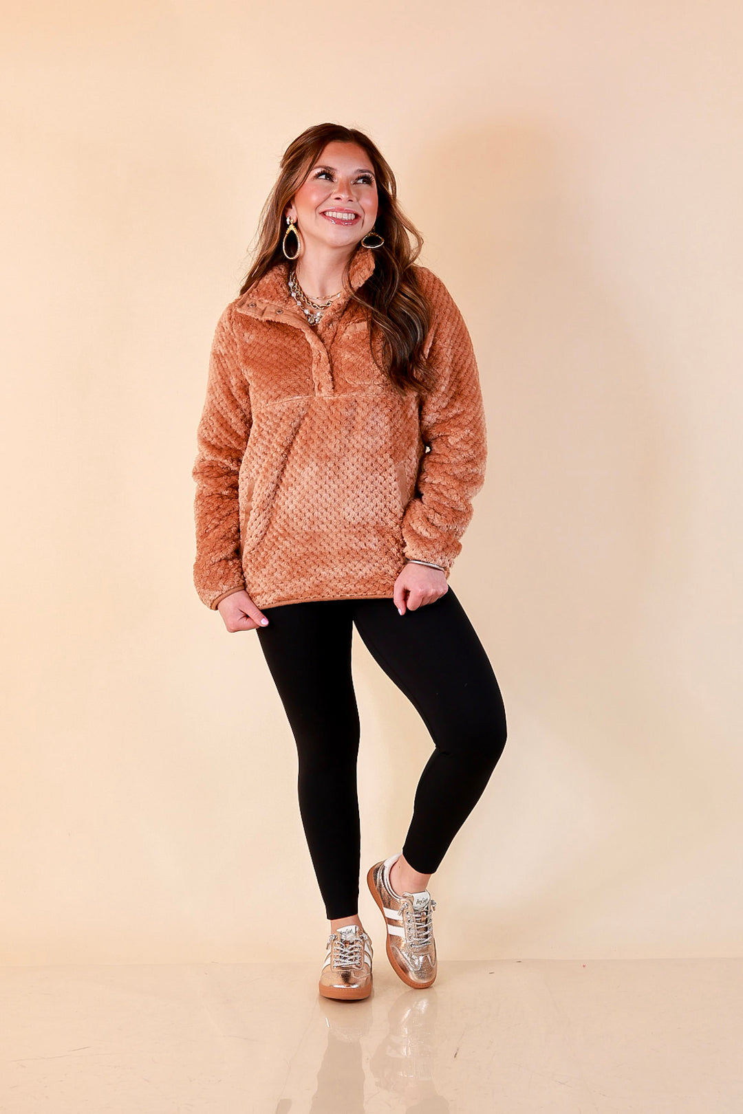 Simply Southern Soft Spot plush snap pullover in mocha brown