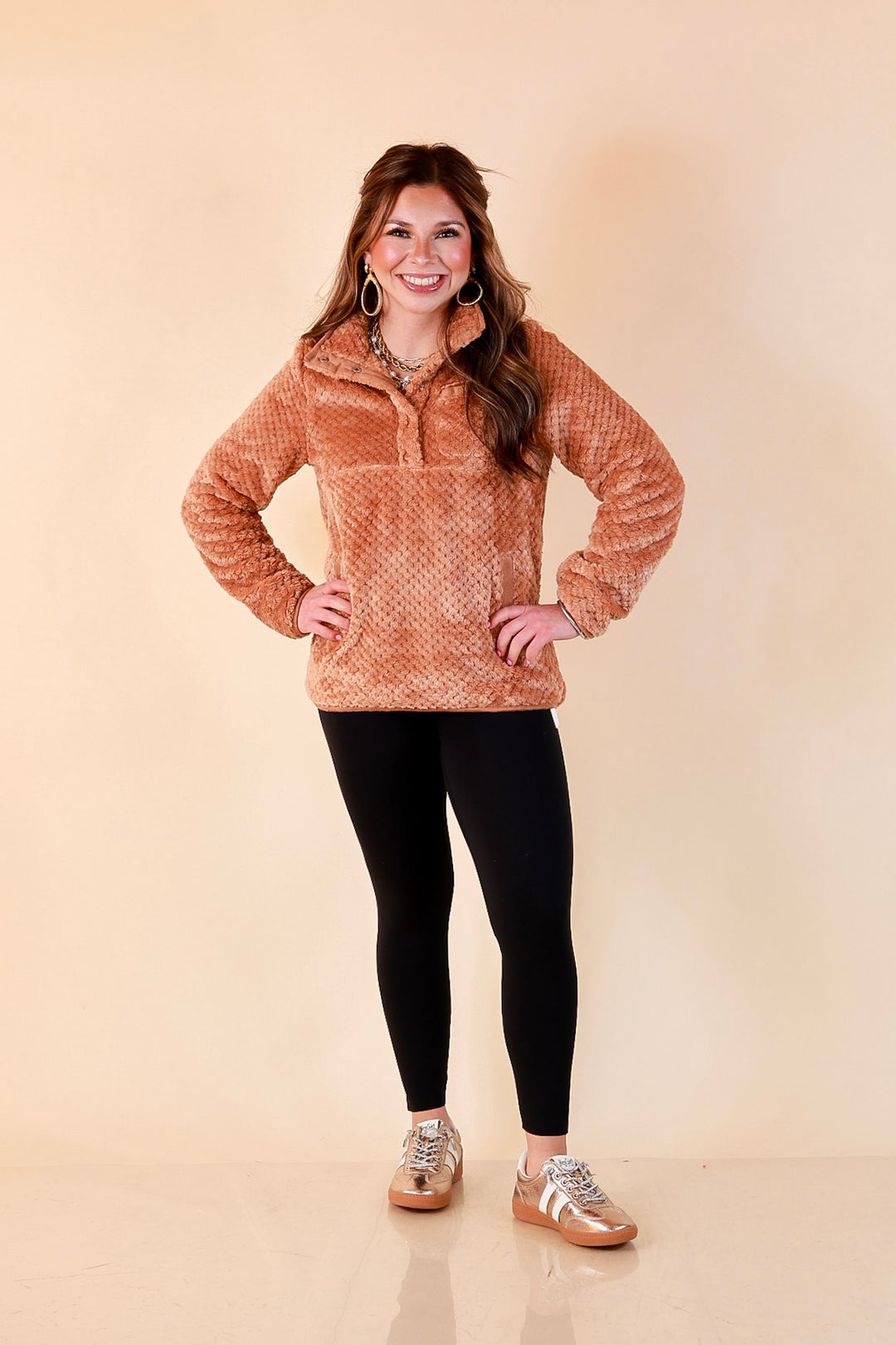 Simply Southern Soft Spot plush snap pullover in mocha brown