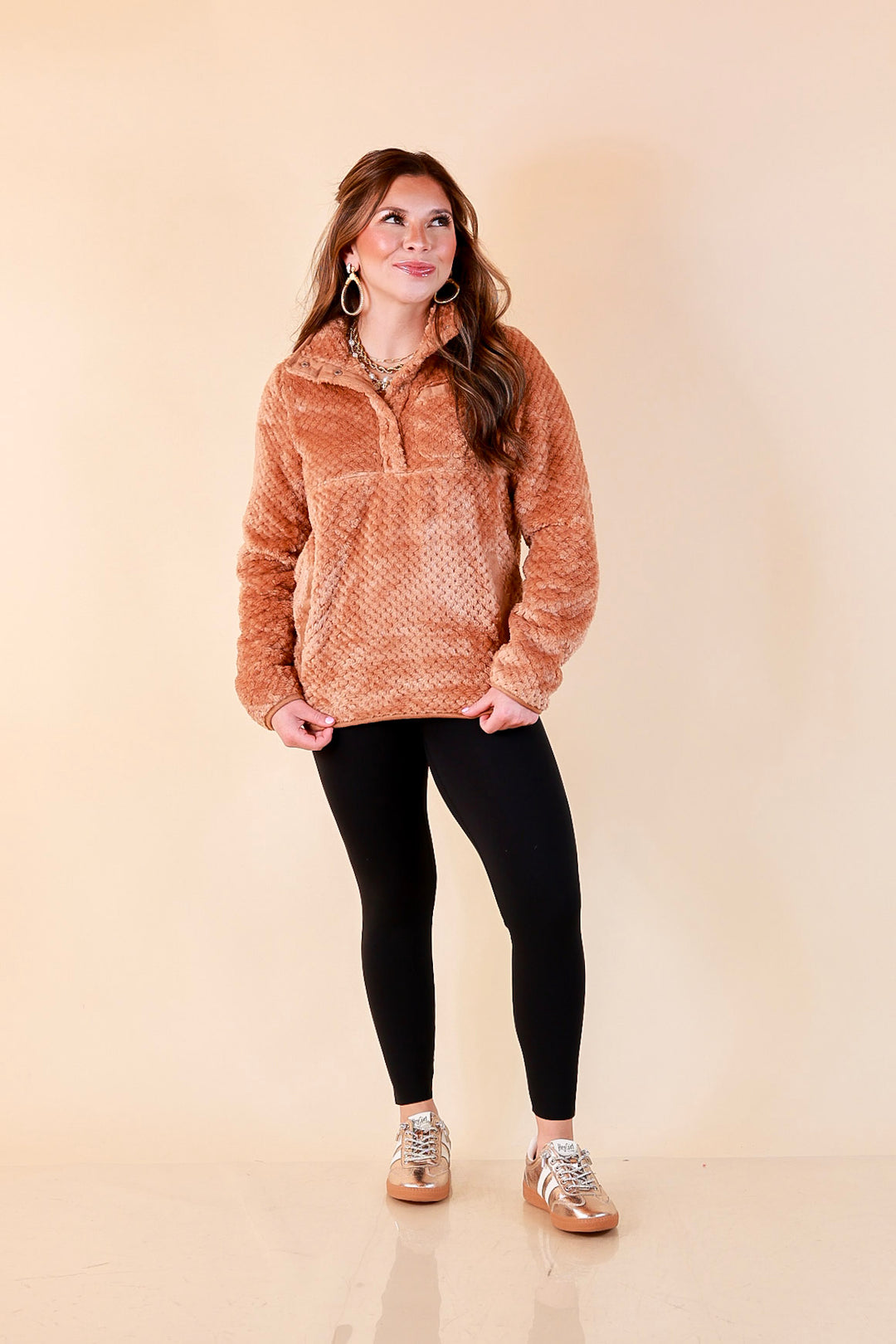 Simply Southern Soft Spot plush snap pullover in mocha brown
