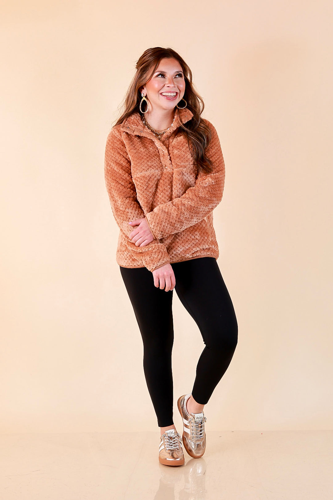 Simply Southern Soft Spot plush snap pullover in mocha brown