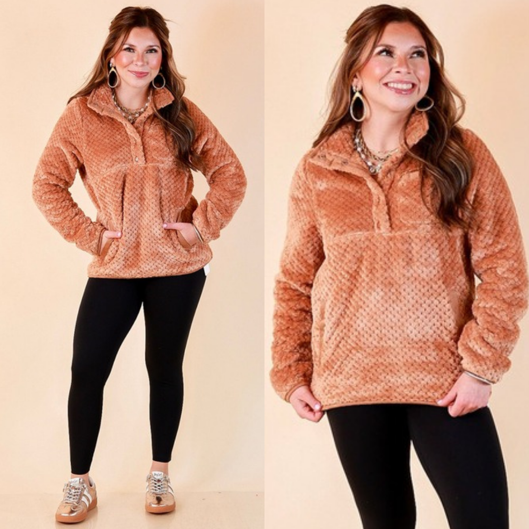 Soft Spot plush snap pullover in mocha brown