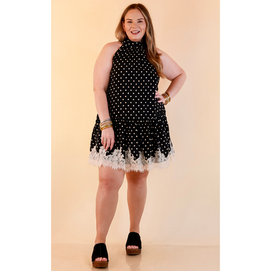 Something to Love Polka Dot Lace Trim Halter Dress in Black and Ivory
