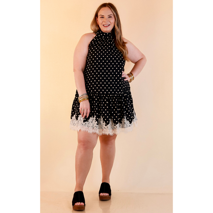 Something to Love Polka Dot Lace Trim Halter Dress in Black and Ivory