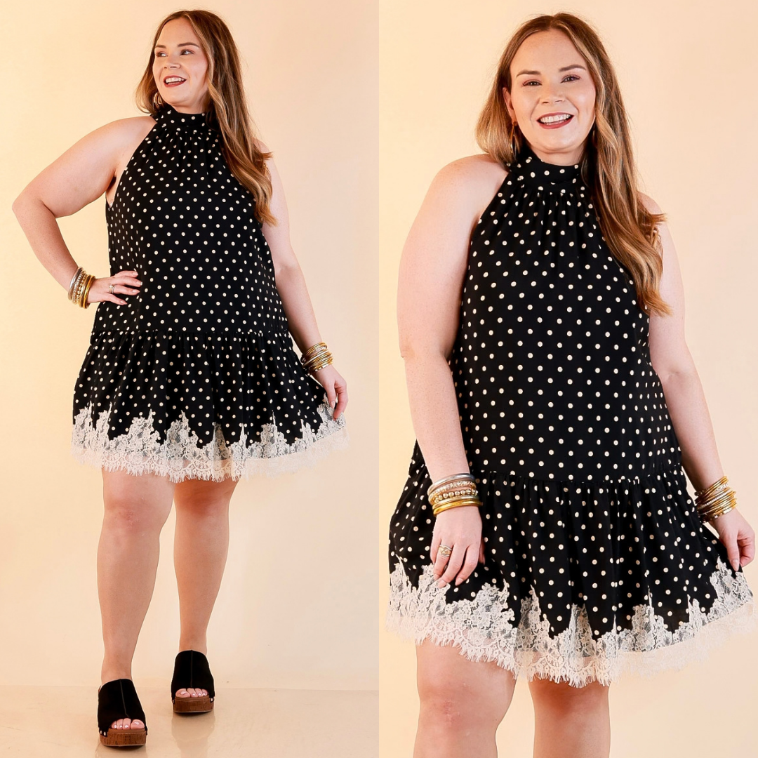 Something to Love Polka Dot Lace Trim Halter Dress in Black and Ivory