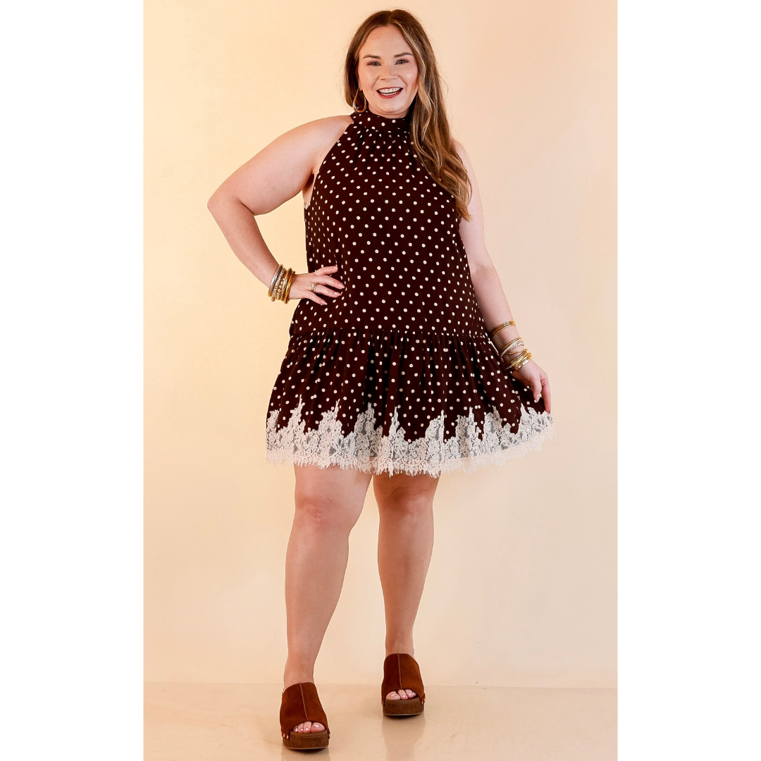 Something to Love Polka Dot Lace Trim Halter Dress in Chocolate Brown and Ivory