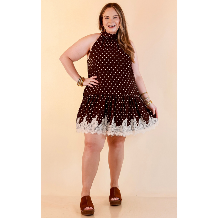 Something to Love Polka Dot Lace Trim Halter Dress in Chocolate Brown and Ivory