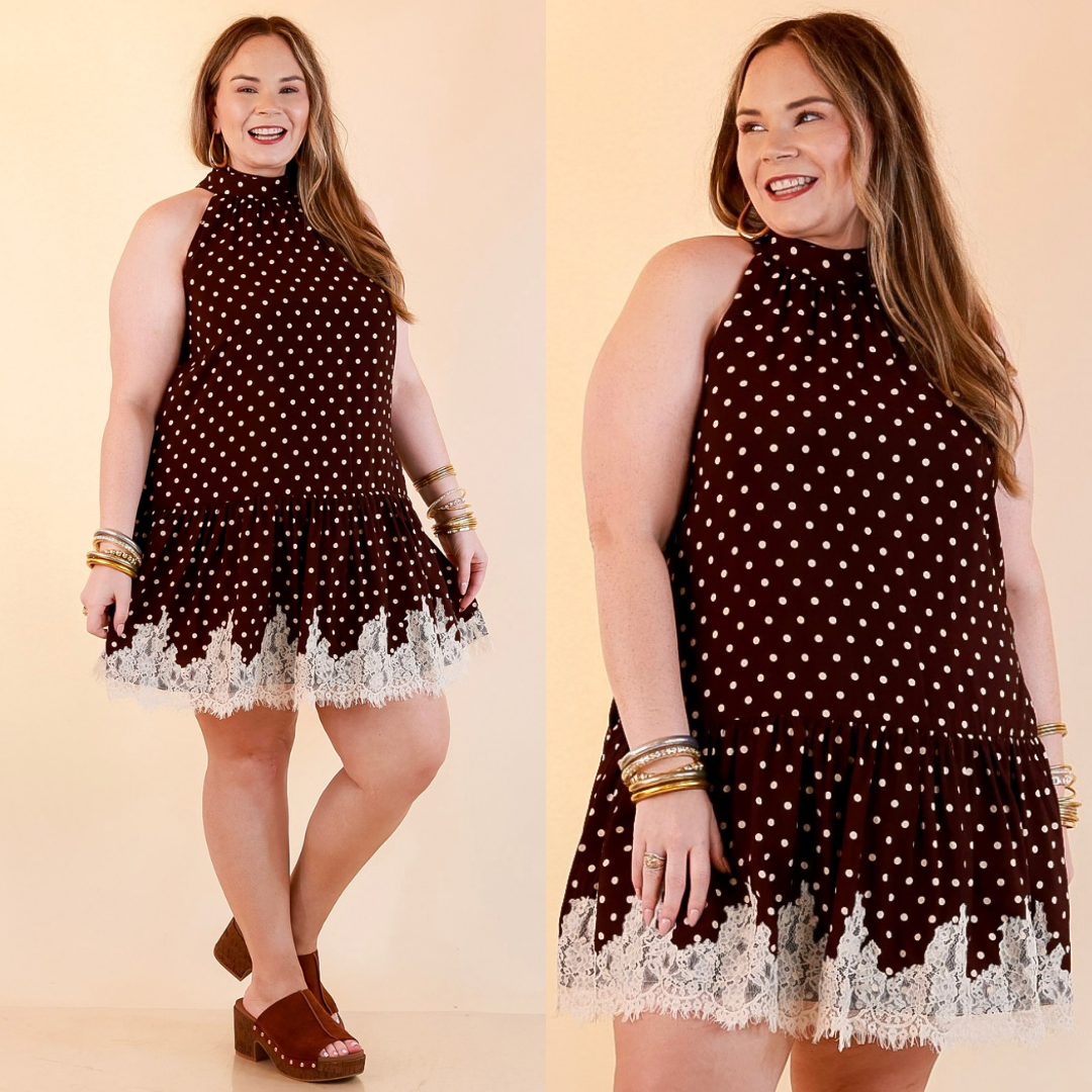 Something to Love Polka Dot Lace Trim Halter Dress in Chocolate Brown and Ivory