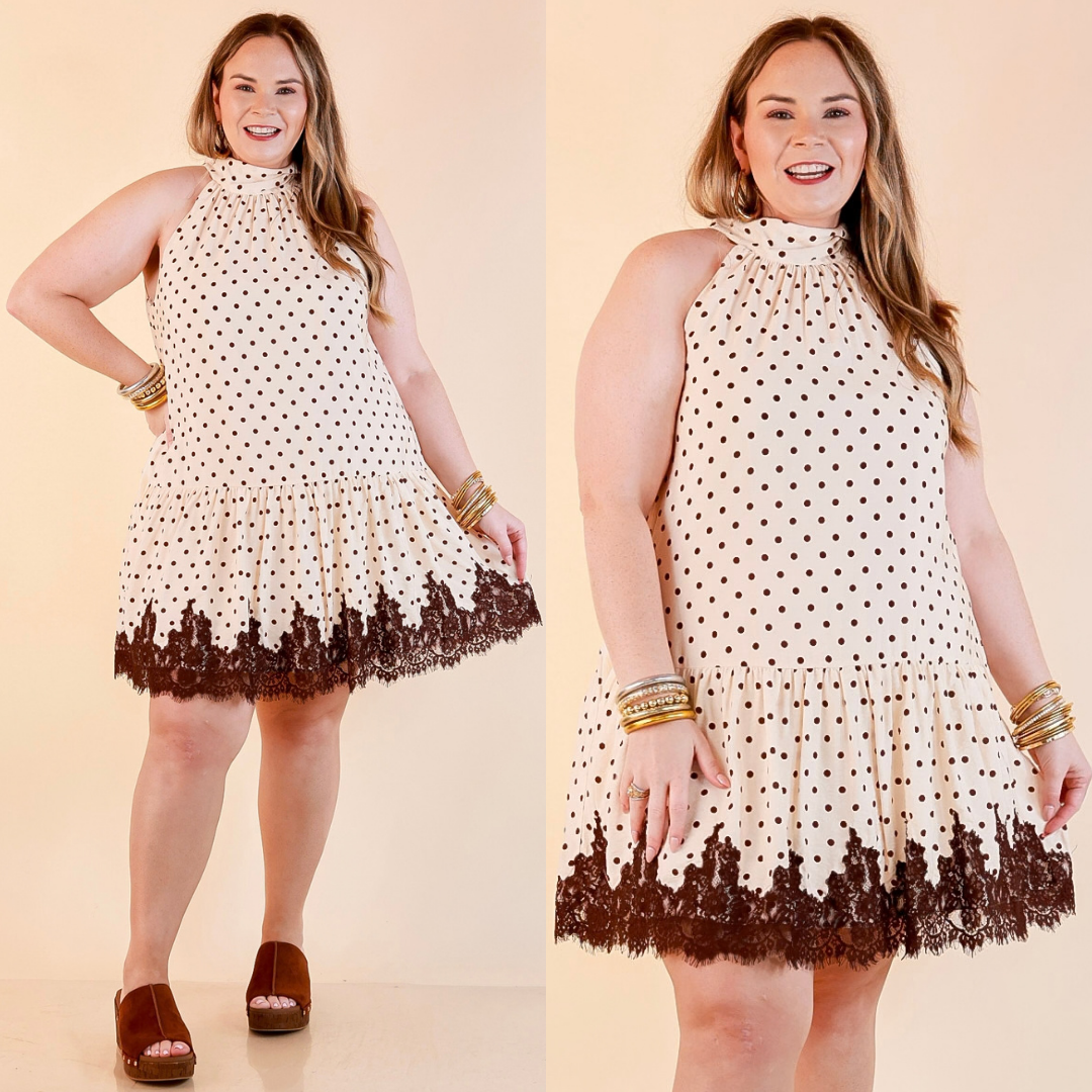 Something to Love Polka Dot Lace Trim Halter Dress in Ivory and Chocolate Brown